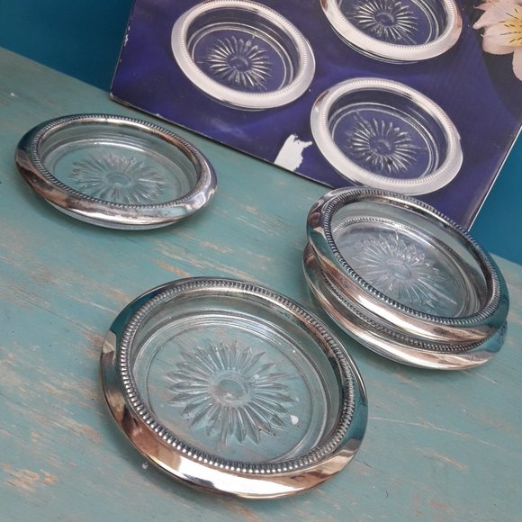 Glass Silver Plated Coasters Vintage Coaster Set Crystal Starburst New in Box - Picture 4 of 16